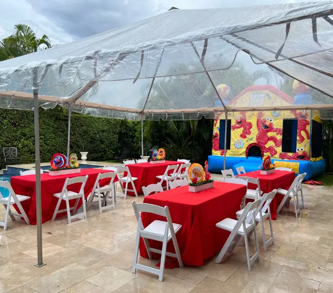Outdoor Elmo's Birthday Party Decor - Tables View